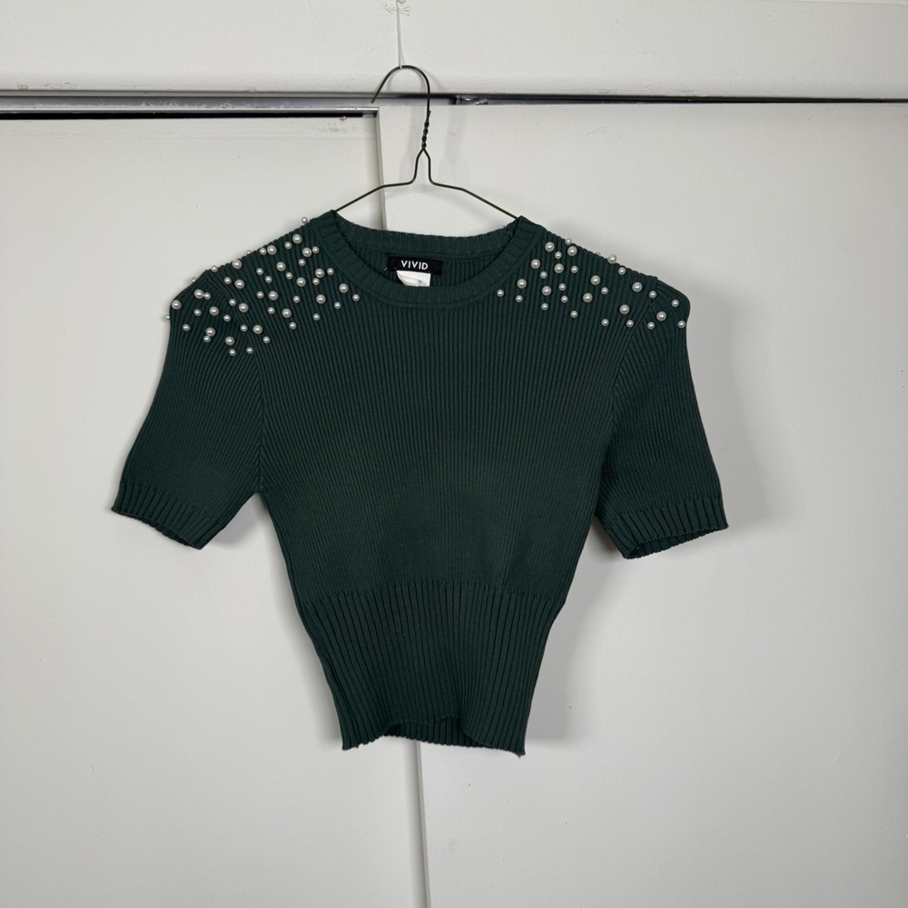 Green Pearl Embellished Ribbed Crop Sweater Top L/XL